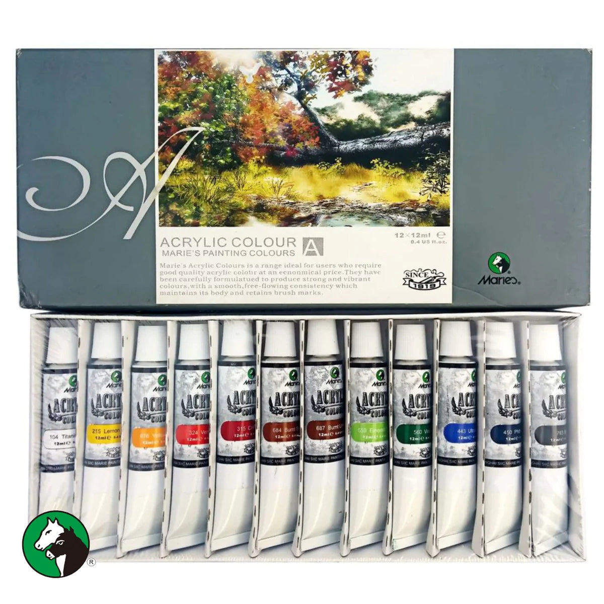 Marie's Acrylic Paint Set Of 12 Colour Tubes (12ml) opened